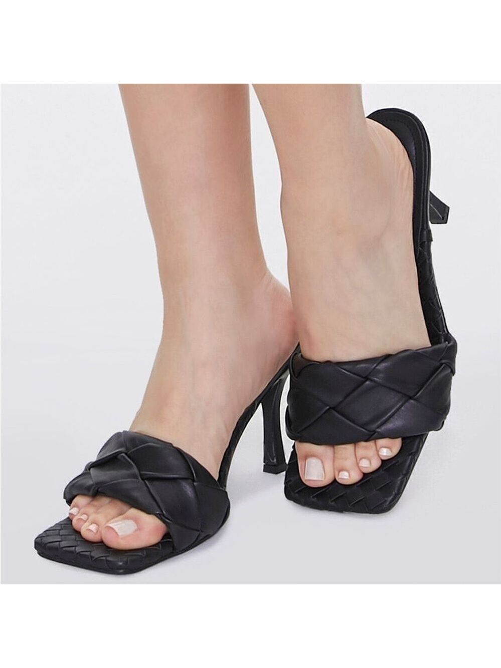Forever 21 Braided Square Toe Faux Leather Mules Sandals Heels in Black